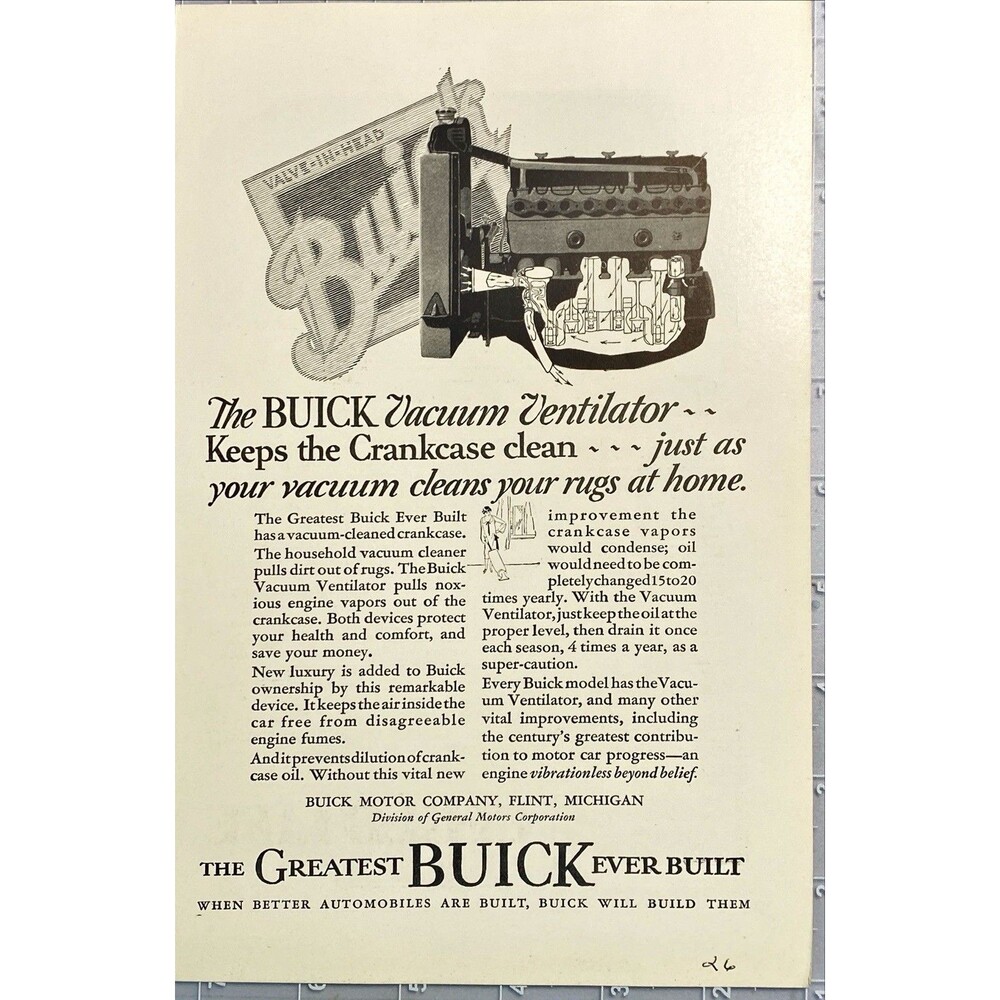 Buick Vacuum Ventilator "Keeps the Crankcase Clean" Vintage Print Ad 1926